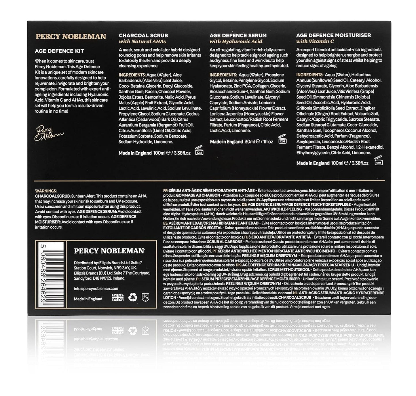 Percy Nobleman Age Defence Kit, a men's skincare set containing Charcoal Face Scrub (with Natural AHAs), ultra-hydrating Facial Serum (with Hyaluronic Acid), and Moisturiser (with Vitamin C)