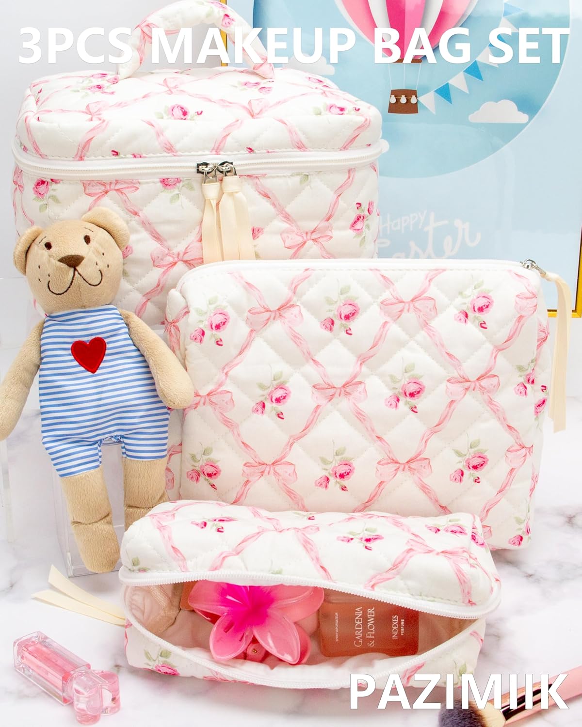 PAZIMIIK 3PCS Makeup Bag SET Large Travel Quilted Zipper Soft Cosmetic Case Pouch for Women Girls Make Up,Bow Rose