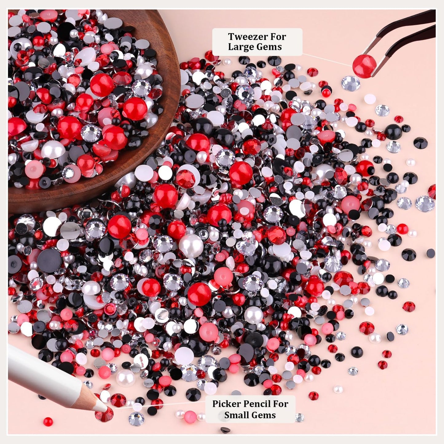 9000PCS Flatback Pearls and Rhinestones for Crafting, Red White Black 3-10mm Resin Rhinestones and Half Pearls for Bedazzling, Nail Art and Dec with 3pcs B7000 Jewelry Glue, Tweezer and Pickup Pencil