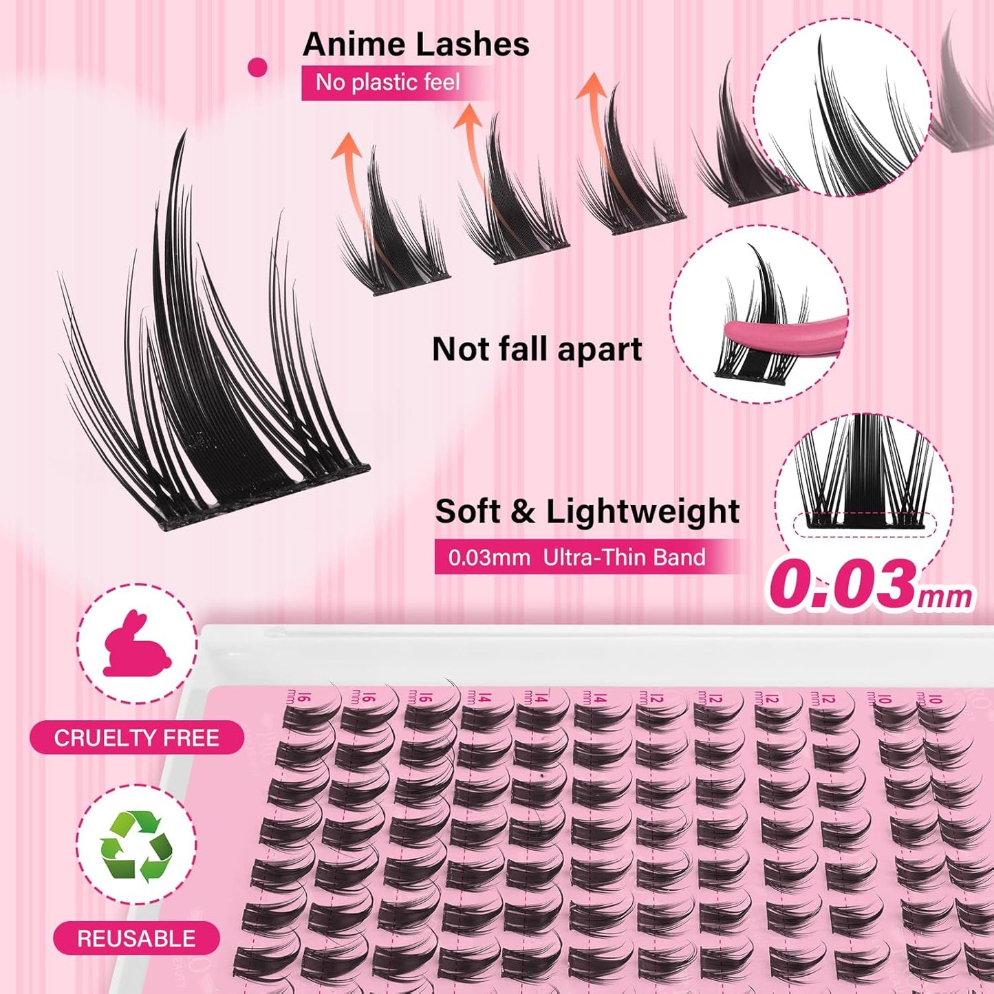 PROLASHBEAUTY Manga Lash Clusters, Eyelash Clusters 10-16 Mixed Cluster Eyelash Extensions Mixed Lash Extension Reusable Soft & Comfortable (Anime,10-16mix)