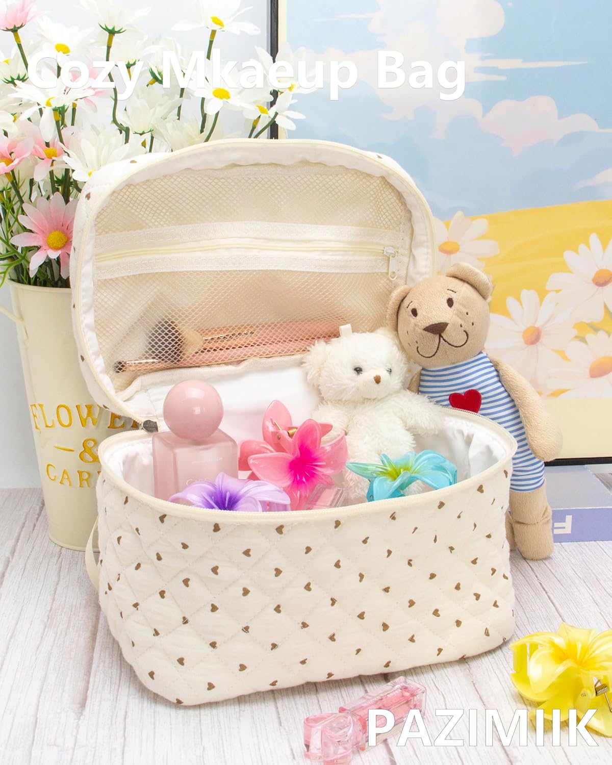 PAZIMIIK Quilted Makeup Bag Large Travel Zipper Soft Cosmetic Case for Women Girls Make Up,Gauze Heart Coffee