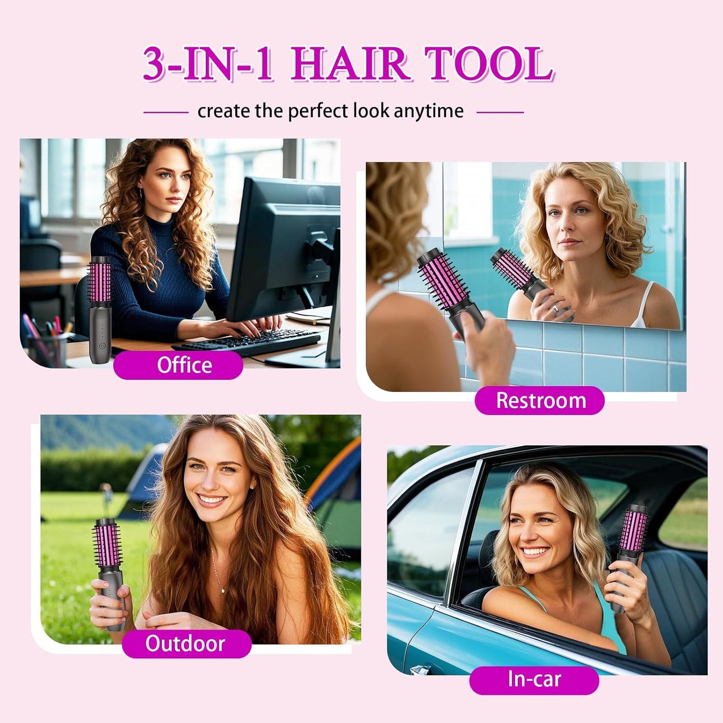 Mini Cordless Curling Iron Brush, Portable Hair Straightening Brush, Cordless Hair Curler Anti-Frizz with Negative Ions, 3-in-1 Crimper Hair Tool, Rechargeable Wave Curling Wand - Night Purple
