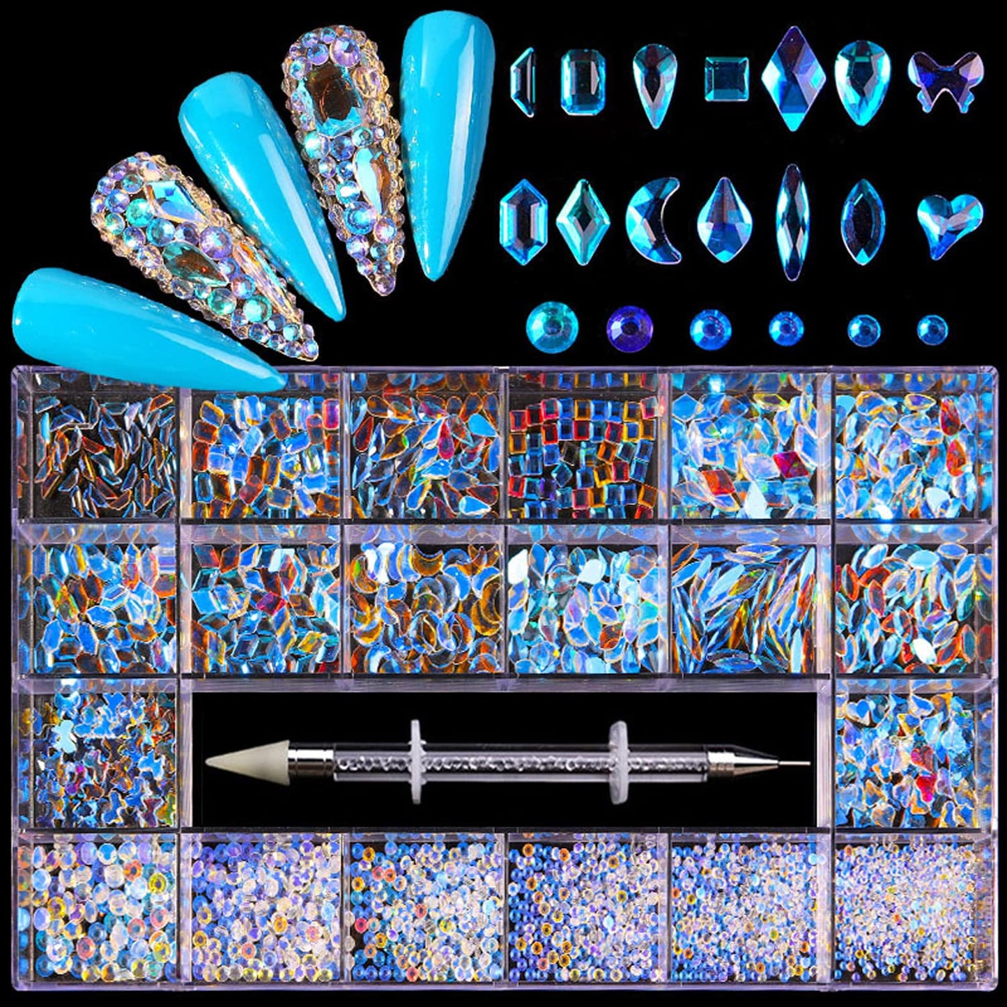 Nail Rhinestones Kit, Nail Art Decorations with Wax Pencil Flat AB Rhinestones Kit DIY Crafts Gemstones for Nail, Shoes, Clothes, Jewels (600 Aurora Diamonds + 2500 Flat Rhinestone)