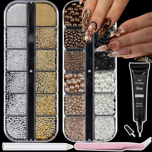 Nail Art Pearls with Glue Gel Flatback Brown Black 4 Colors Nail Charms Pearls Mixed Size 0.03-0.18in Nails Gems Pearl Accessories for Women Nails Design Decoration