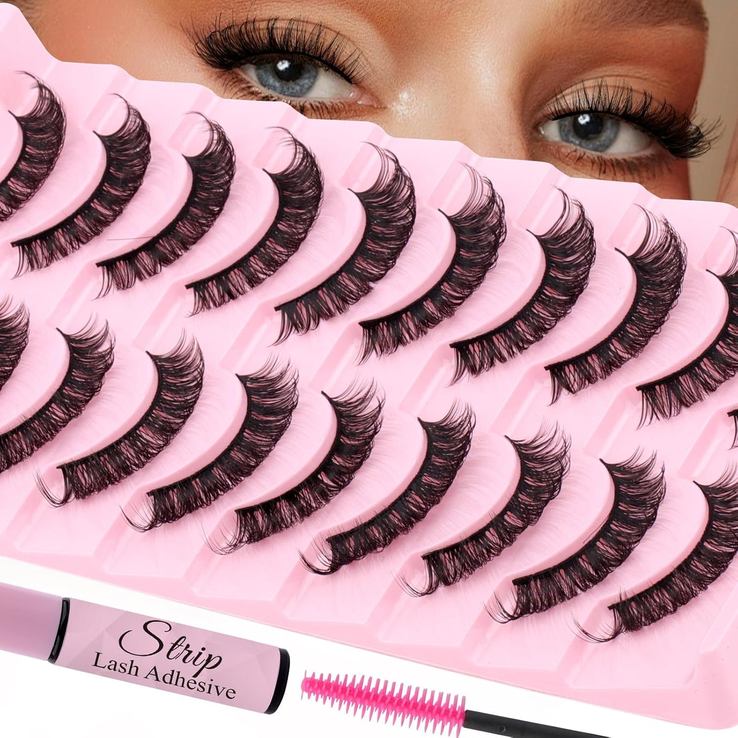 Strip Lash with Glue for DIY Lash-users: 10 Pairs, DIY, Natural Look, Fluffy, Manga, Wispy, Waterproof, Anime, Cat Eye, D Curl, 601