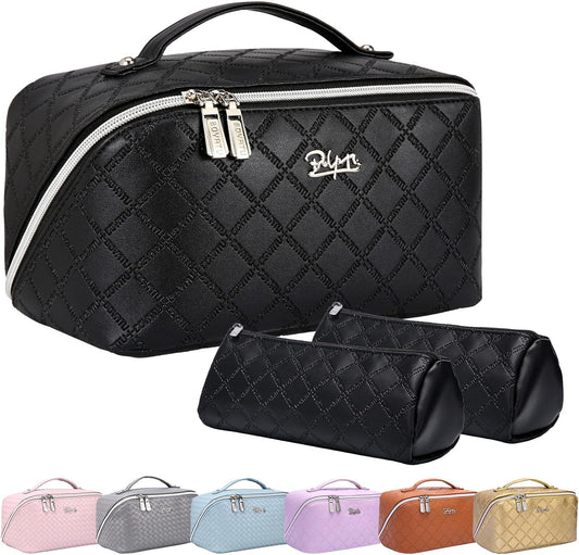 BOYATU Travel Makeup Bags Cosmetic Organizer Bag: 3-Set Large Capacity Make up Bag - PU Leather Toiletry Bags for Women - Wide Open Portable Pouch with Divider & Handle (07-Black 6)