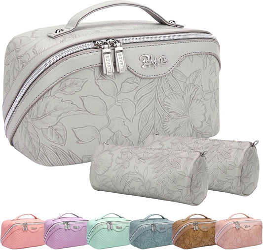 BOYATU Travel Makeup Bags Cosmetic Organizer Bag: 3-Set Large Capacity Make up Bag - PU Leather Toiletry Bags for Women - Wide Open Portable Pouch with Divider & Handle (03-Light Gray)