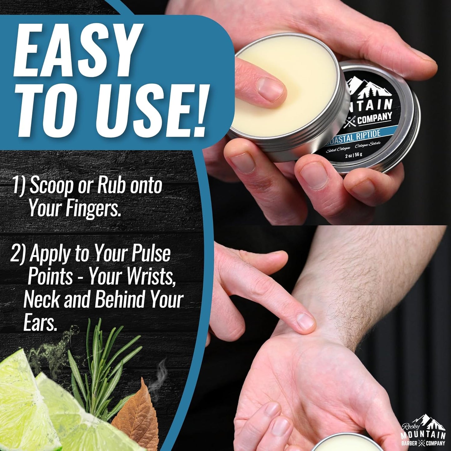 Rocky Mountain Barber Company Solid Cologne for Men – Coastal Riptide Scent – 2 Oz Size - Made with Coconut Oil, Shea Butter - Long-Lasting Scent (Coastal Riptide)