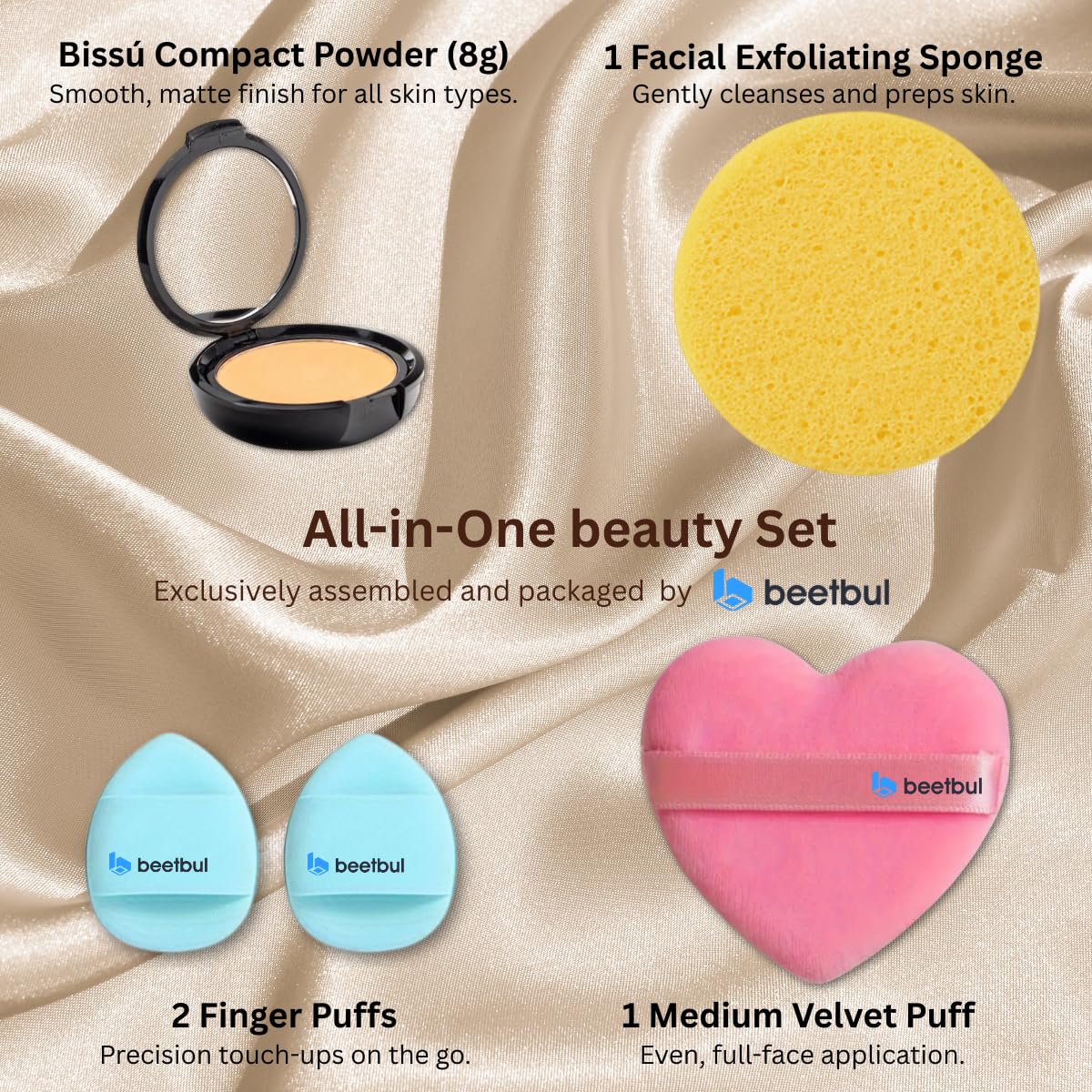 Beetbul Makeup & Exfoliation Kit - Bissú Compact Powder + 1 Medium Velvet Puff + 2 Finger Puffs + 1 Facial Exfoliating Sponge (11 Almond, One Size)