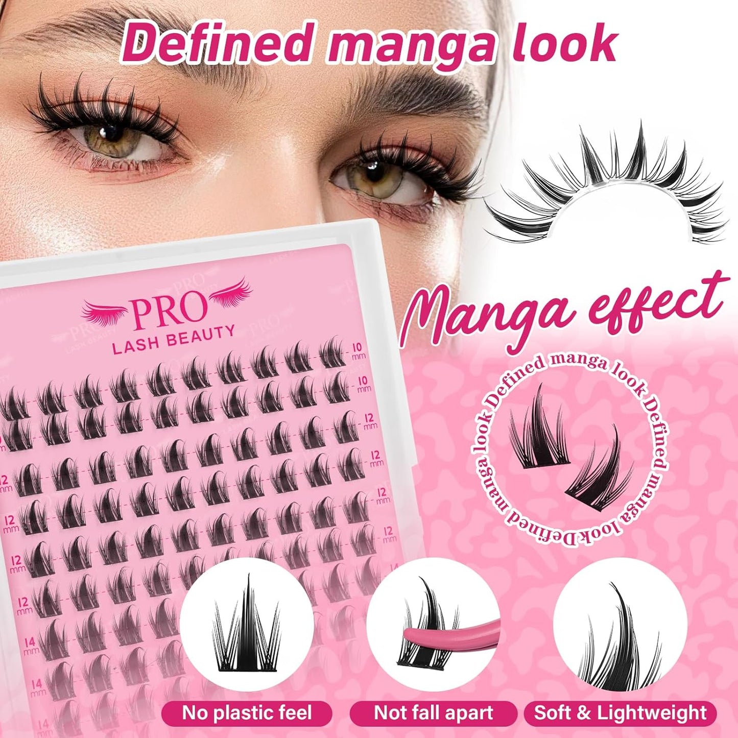 PROLASHBEAUTY Manga Lash Clusters Kit Anime Lash Clusters Volume Fairy Ultra-Thin Band Spike Lashes with Lash Bond and Seal Applictor Remover (Anime,10-16mix)