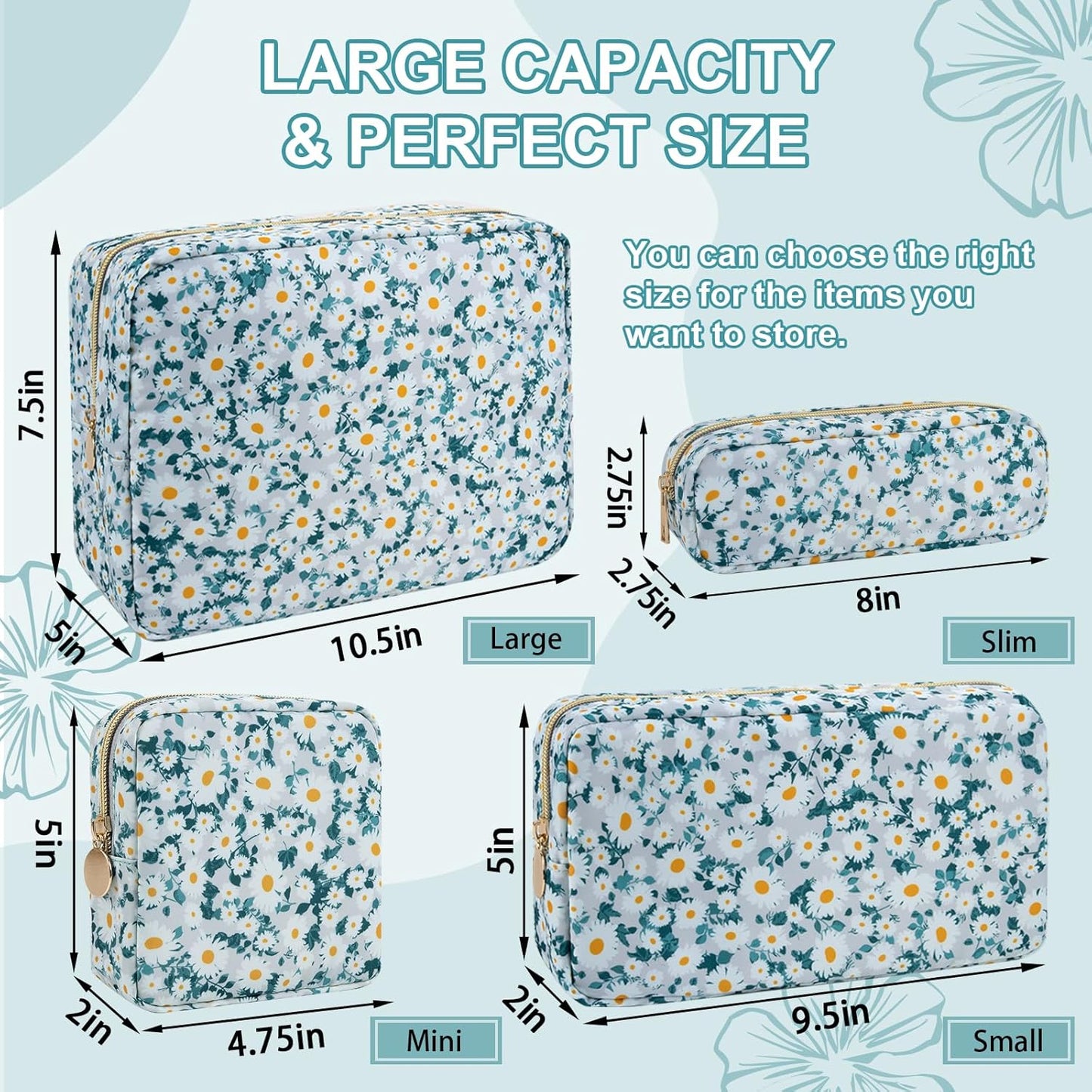 Waterproof Large Floral Makeup Pouch,Nylon Travel Toiletry Storage Purse Preppy Cosmetic Bag for Women Girl,Large Capacity Makeup Organizer Zipper Pouch for Work(L Green-Daisy)