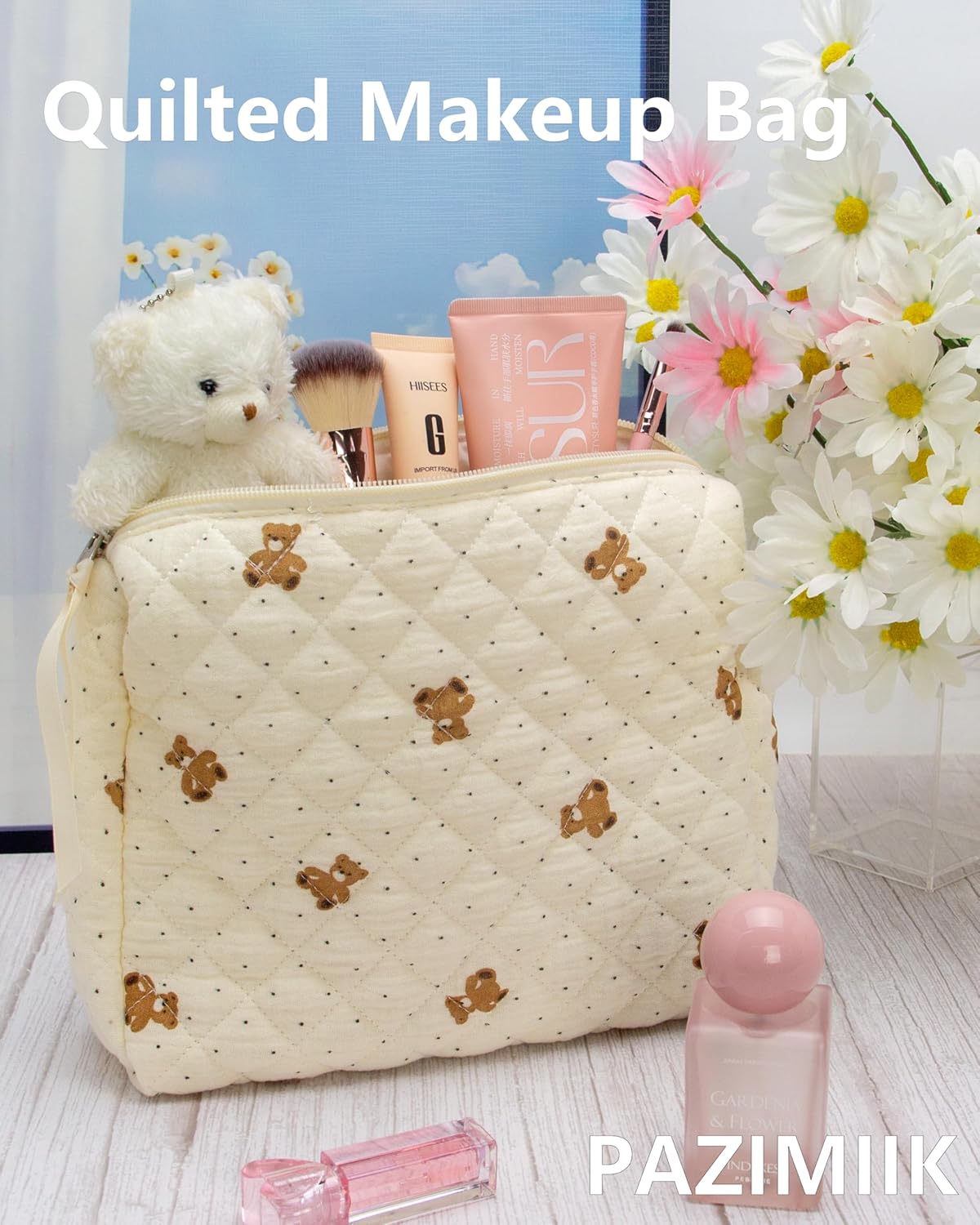 PAZIMIIK Quilted Makeup Bag Large Travel Zipper Soft Cosmetic Pouch for Women Girls Make Up,Gauze Bear