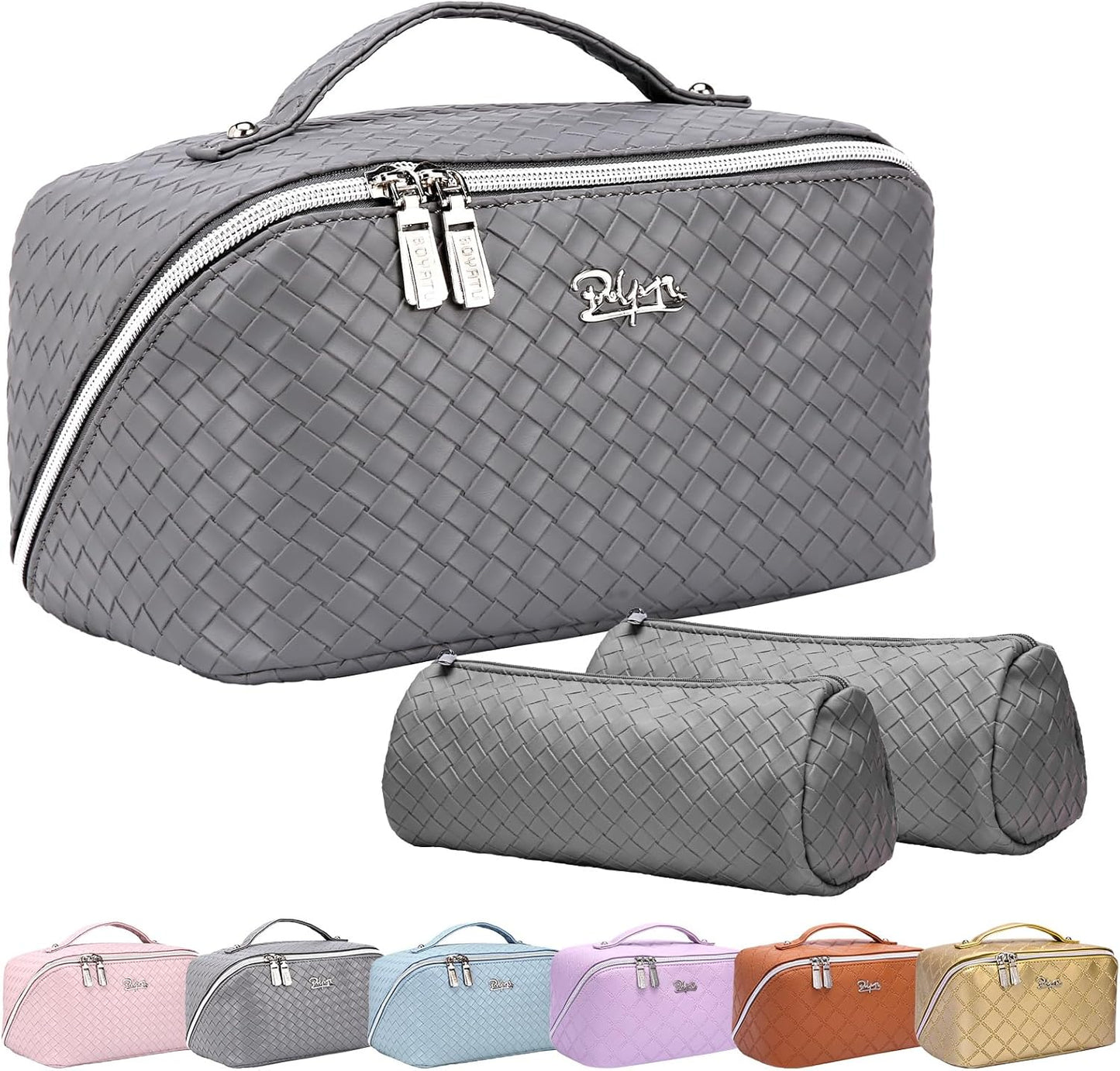 BOYATU Travel Makeup Bags for Women: 3 Piece Make up Bags Set - Large Cosmetic Bag - Vegan Leather Makeup Organizer - Portable Toiltery Bag with Divider & Handle (L05 Grey)