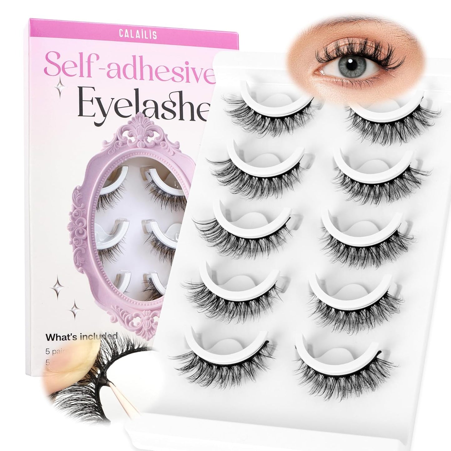 CALAILIS Self Adhesive Eyelashes 5 Pairs Natural Look Press On Lashes No Glue Need Eyelashes Reusable Cat Eye Wispy Self-adhesive False Lashes with Replacement Adhesive Strips (C001)