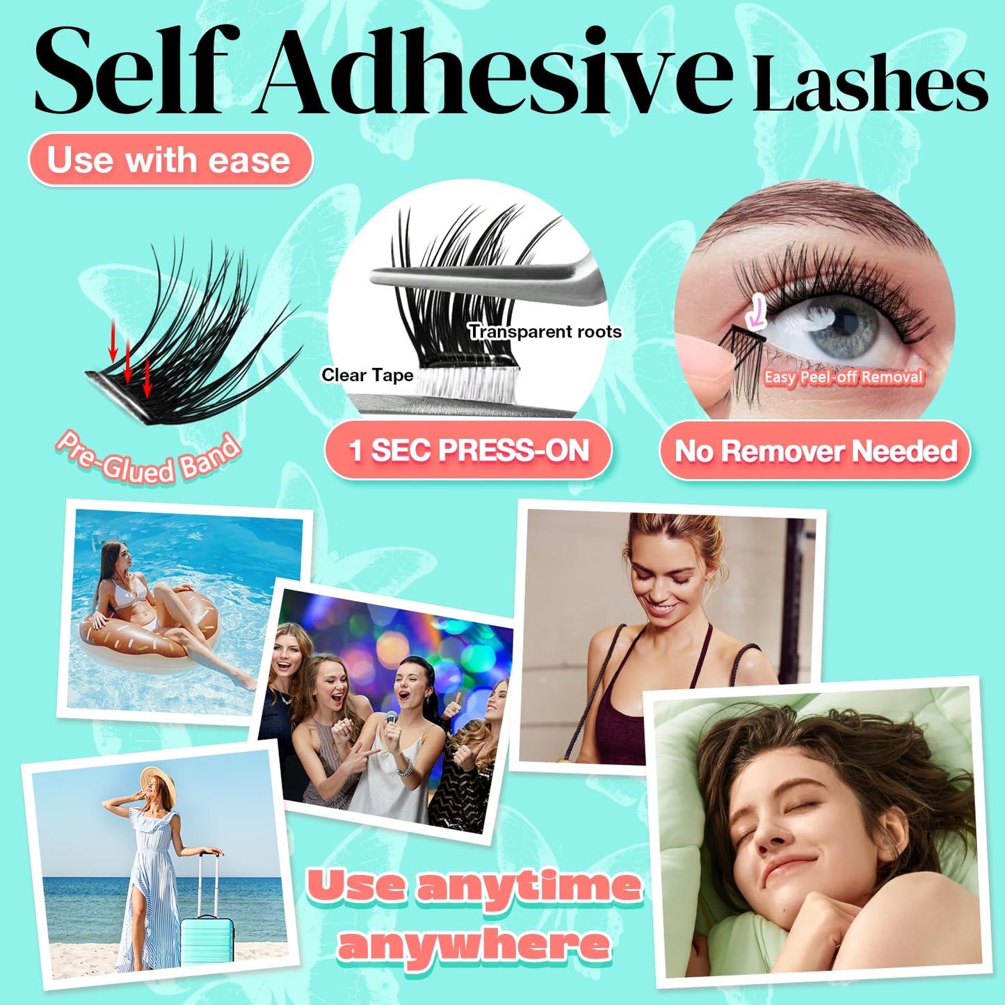 No Glue Needed Lashes, Self Adhesive Eyelashes, DIY Lash Cluster Eyelash Extensions Kit 10‑18mm,120pcs Fluffy D Curl Soft Natural Lashes with Tweezers–Fake Cat Eye Wispy Individual Clusters(NGDYAA1)