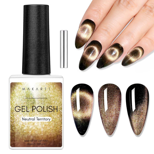 Makartt Cat Eye Gel Nail Polish: Black Hole Holographic Sparkly Gels with Magnet Stick, UV LED Soak Off Gel Polish for Nail Art Designs, Neutral Territory