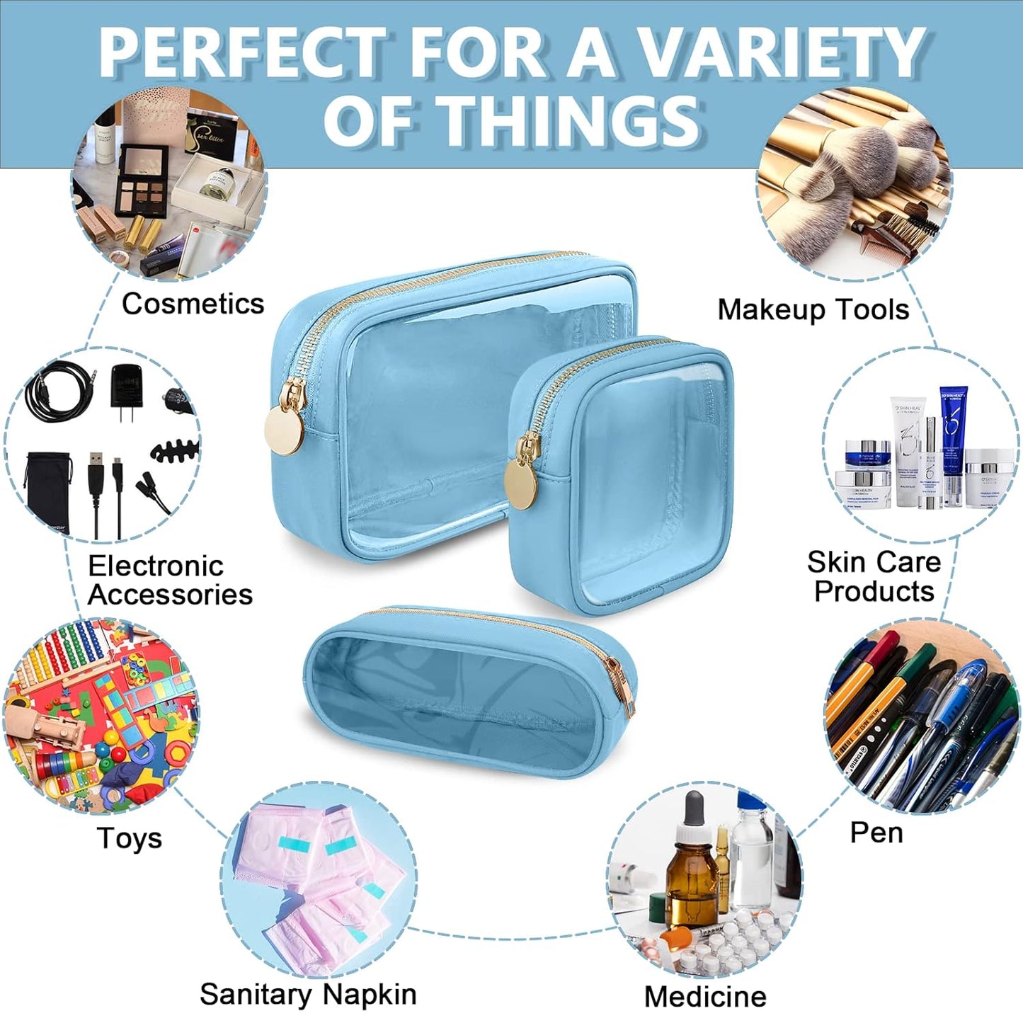 Clear Small Pencil Pouch Makeup Bag for Purse,Nylon&PVC Pencil Case Waterproof Makeup Brush Holder with Zipper,Preppy Transparent Pen Bag Travel Cosmetic Bag for Women Office(Slim-Blue)