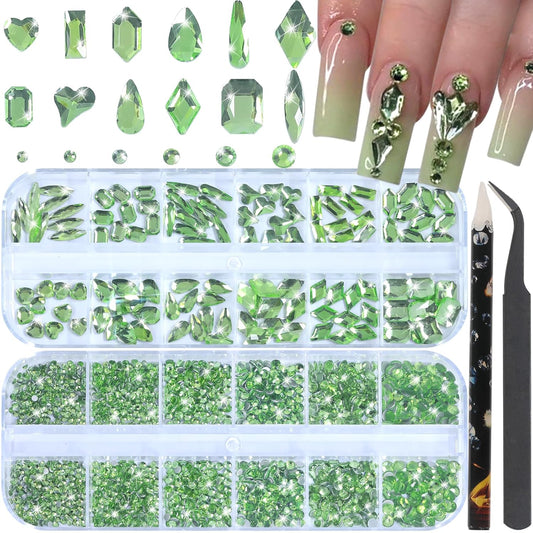HNUIX Nail Rhinestones - 3D Multi Shape Size Crystal, Crystal Light Green, Flat Back, with Kit, for Nail Art, DIY Decorations