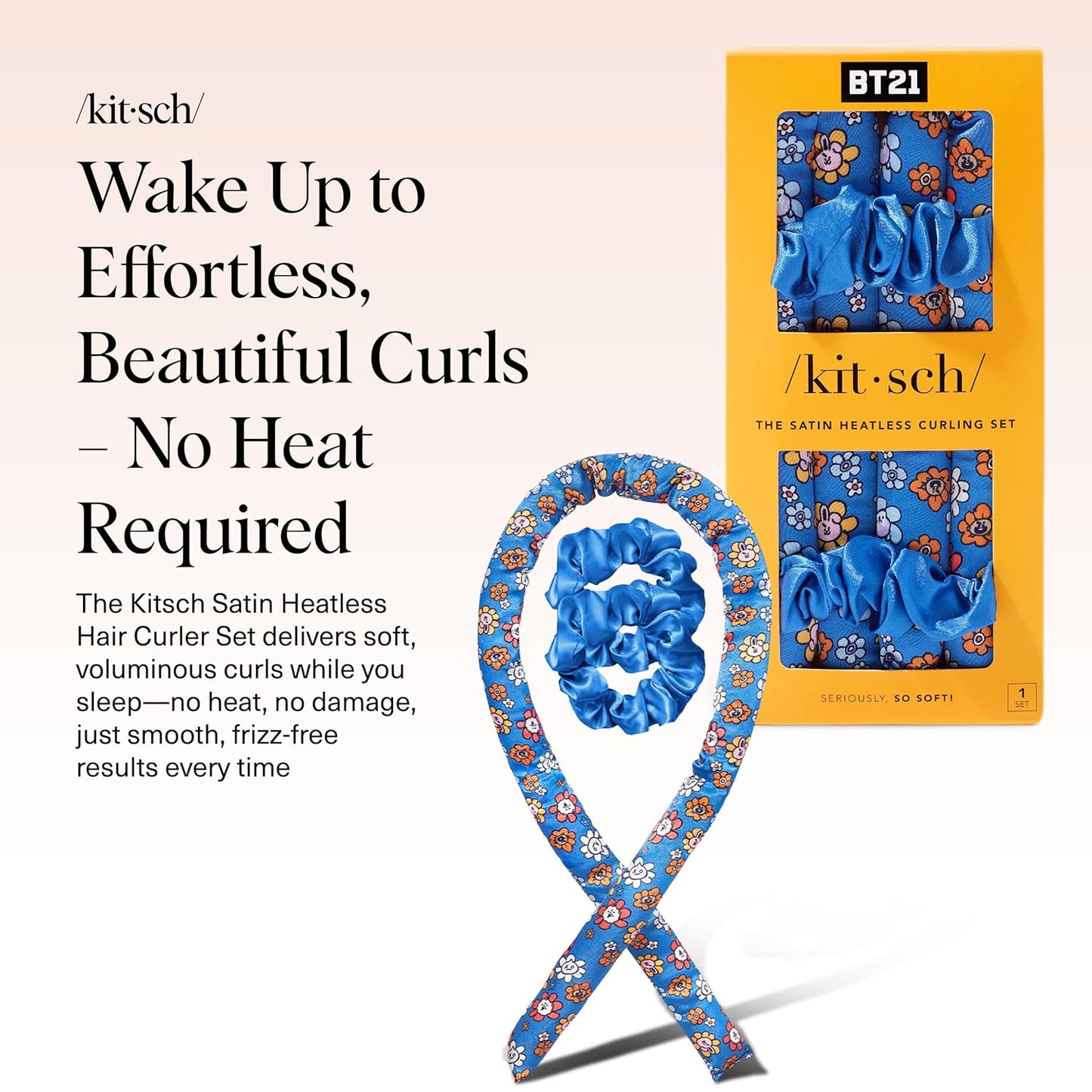 BT21 x Kitsch Satin Heatless Hair Curler Set - Heatless Curls Overnight, Hair Rollers for Soft Curls & Frizz-Free Styling, No Heat Curlers To Sleep in, Curling Rod Headband for Overnight Curl - BT21