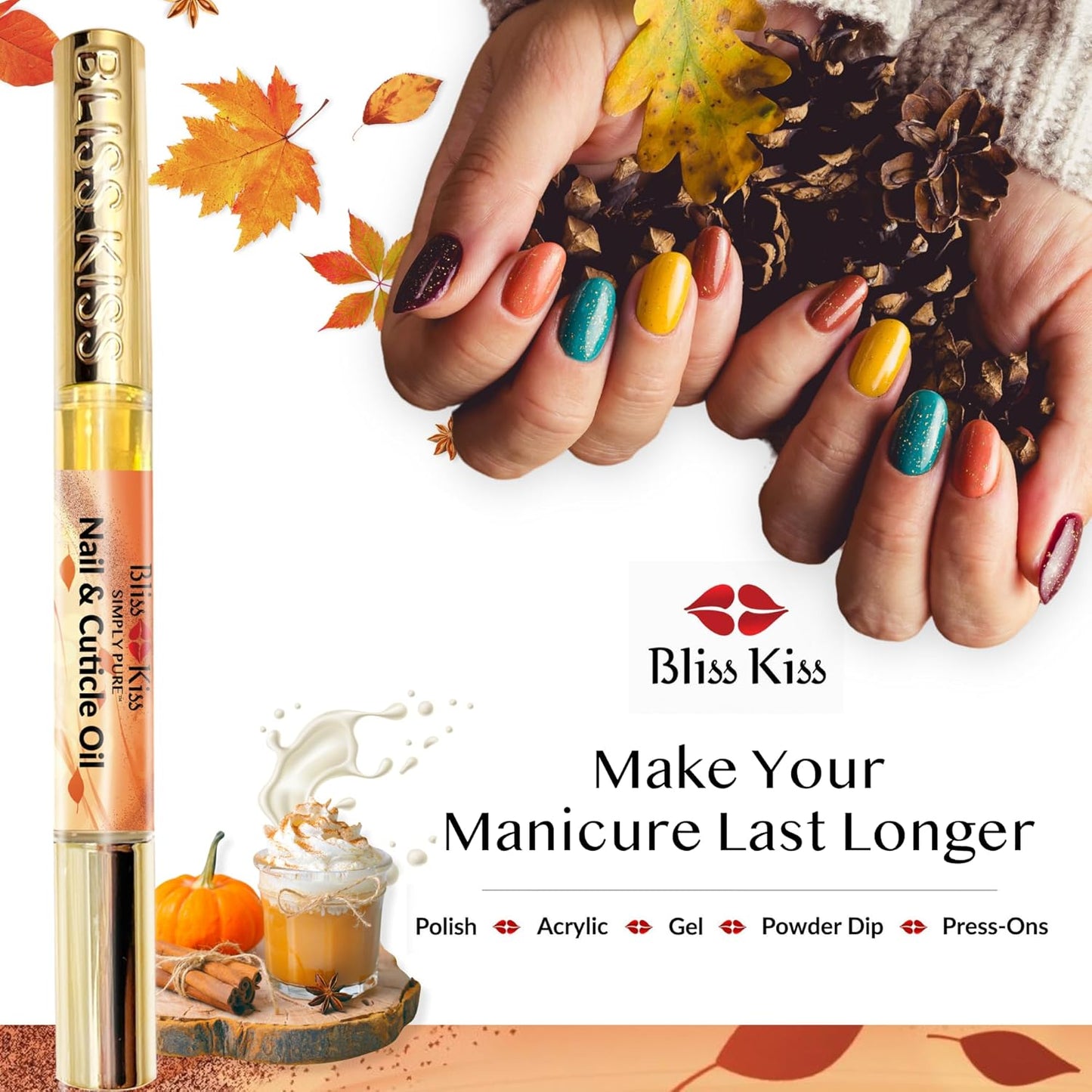 Bliss Kiss | 1 Pumpkin Spice Latte Fragrance | Nail Oil Cuticle Pen w/Vitamin E & Jojoba⏤Nail Strengthener Nail Growth Serum for Brittle Peeling Breaking Thin Nails