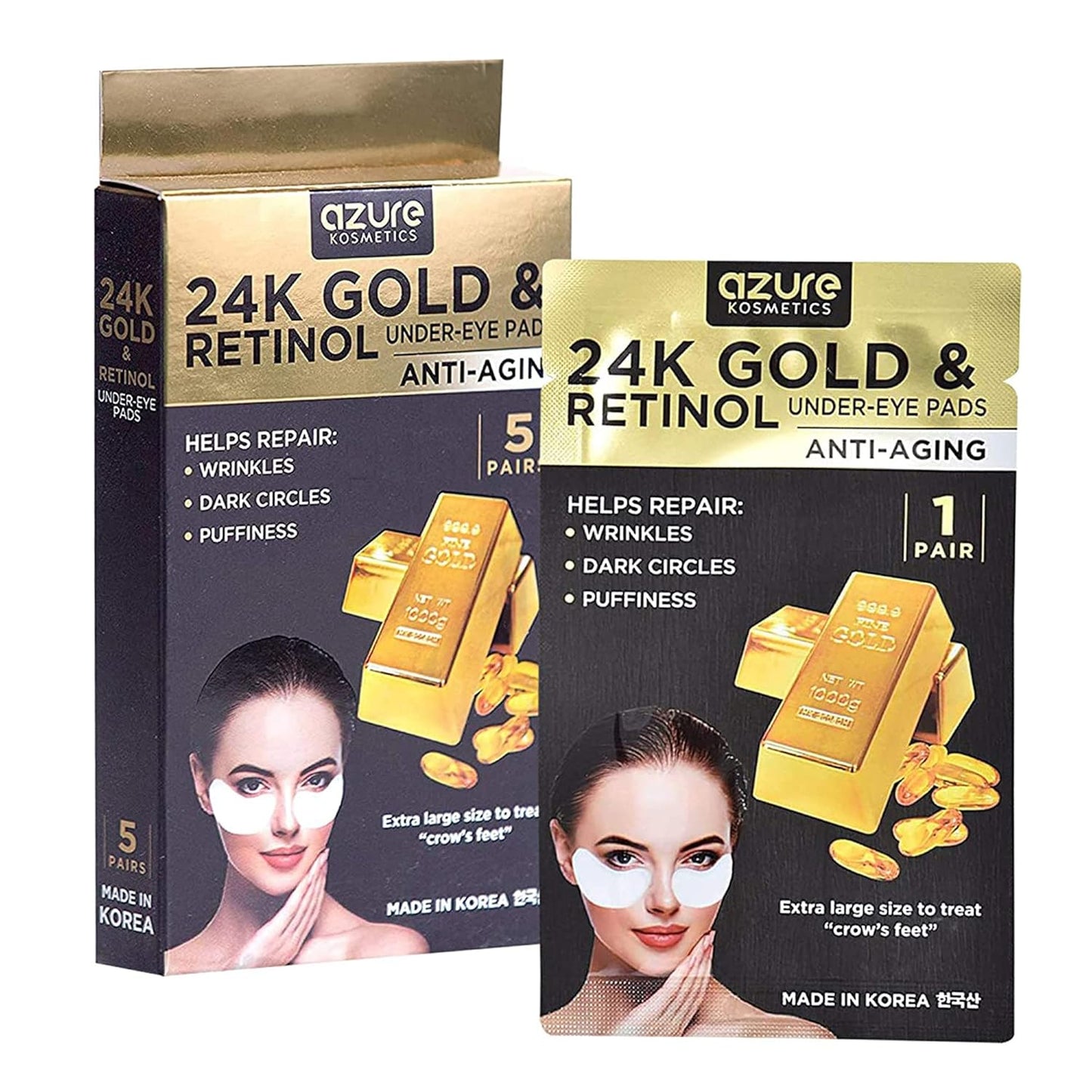 AZURE 24K Gold & Retinol Anti Aging Under Eye Patches - Firming, Restoring & Deeply Hydrating Eye Mask - Reduces Fine Lines, Wrinkles, Dark Circles & Puffiness - Skin Care Made in Korea - 5 Pairs