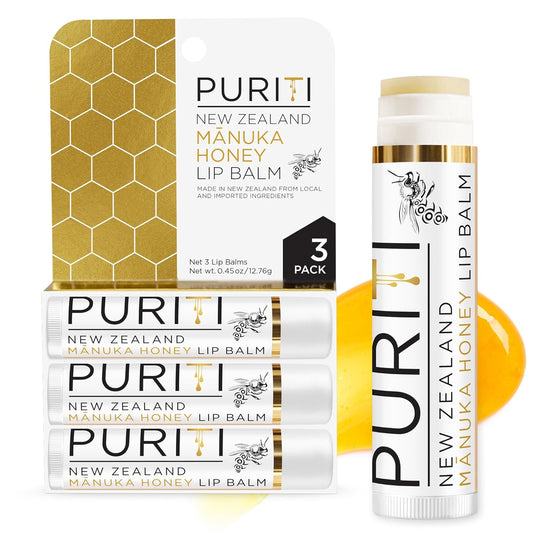 PURITI Manuka Honey Lip Balm – 3pack Soothing & Moisturizing, Enriched with Almond, Jojoba, Macadamia Oils, Cocoa Butter, Hydrating for Dry & Chapped Lips, 100% Genuine New Zealand Manuka Honey