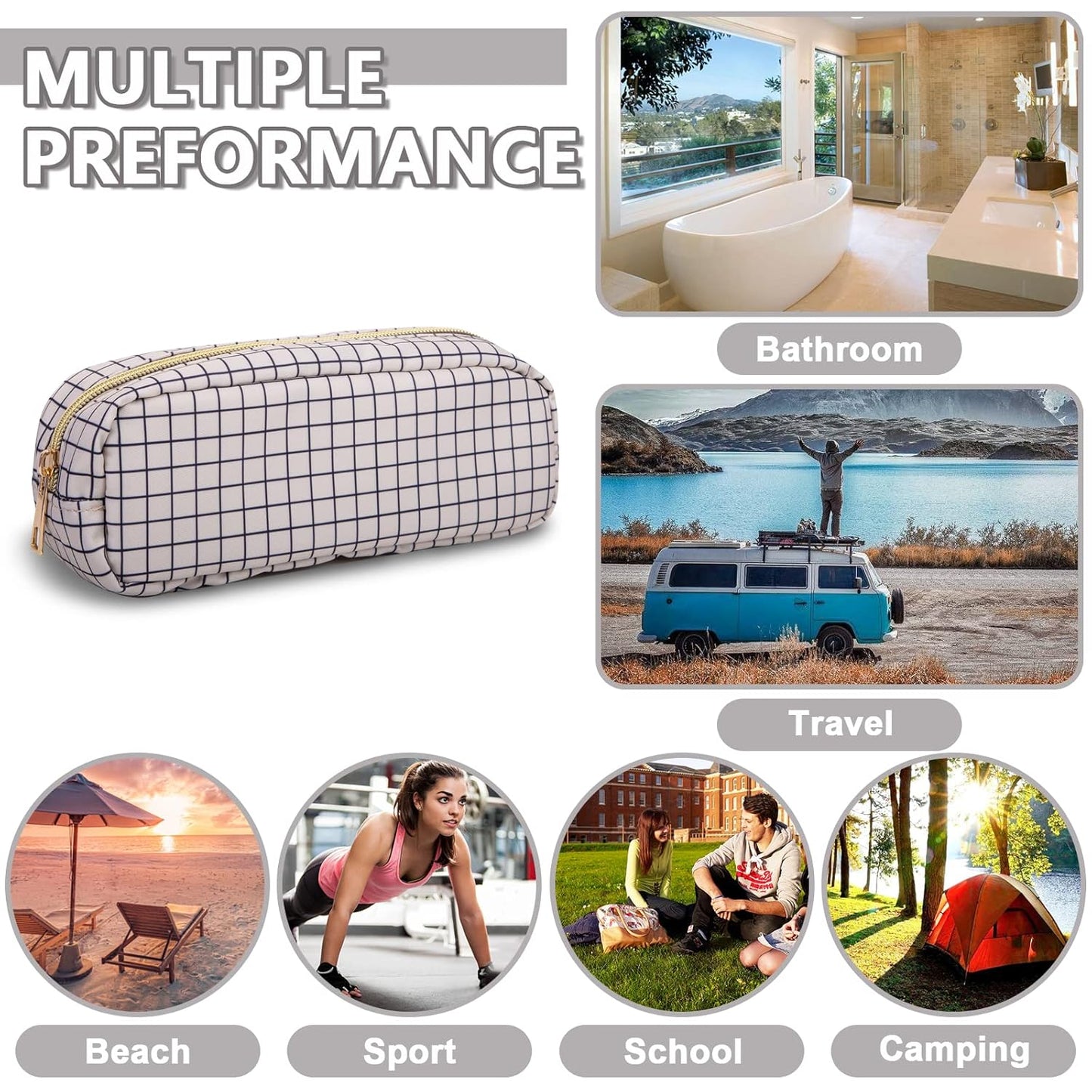 Small Pencil Case Makeup Bag for Purse, Cute Pencil Pouch Nylon Preppy Checkered Makeup Brush Bag with Zipper, Girls Portable Stationery Storage Case Small Pen Bag for Office School(Slim-Checkered)