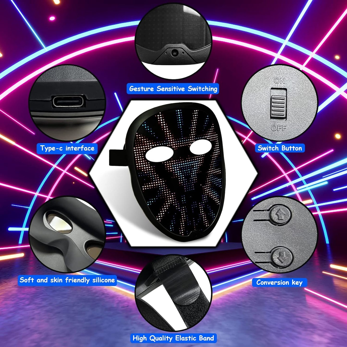 Depointer Life 2023 New Led Mask with Rechargeable Bluetooth-compatible App Controlled, Customizable Shining Mask, LED Lighted Face Transforming Masks For unisex-Adult