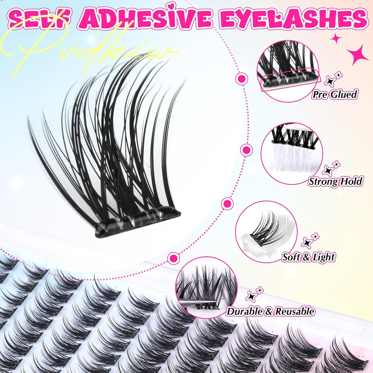 Self Adhesive Eyelashes Wispy Self Adhesive Lash Clusters Natural Lashes Clusters Pre Glued Eyelash Clusters C Curl Cluster Eyelash Extensions Press on Lashes No Glue Needed Reusable 10-16mm