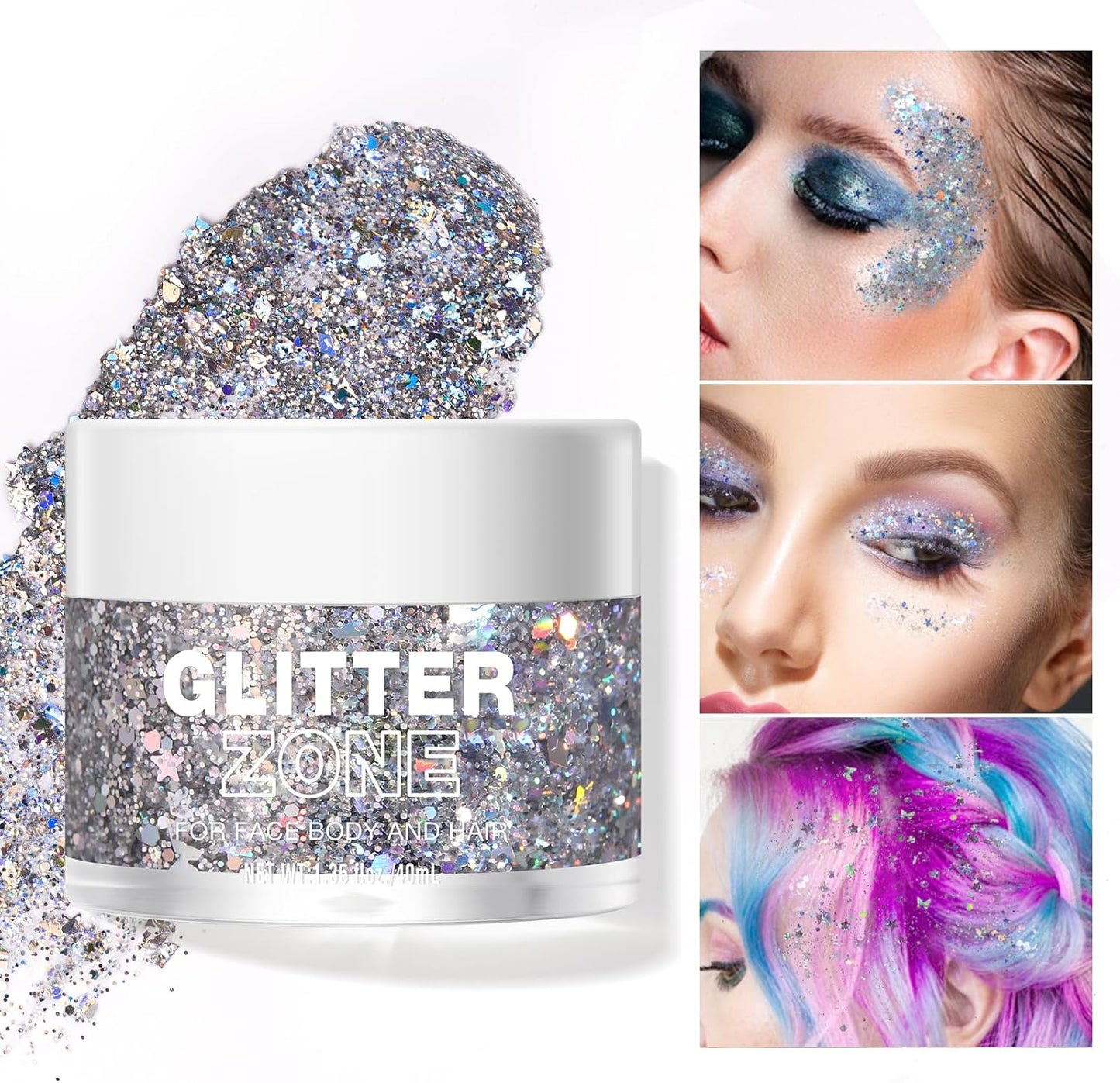 LANGMANNI Holographic Body Glitter Gel for Body, Face, Hair and Lip.Color Changing Glitter Gel Under Light. Vegan & Cruelty Free-1.35 oz (5# Silver Fantasy)