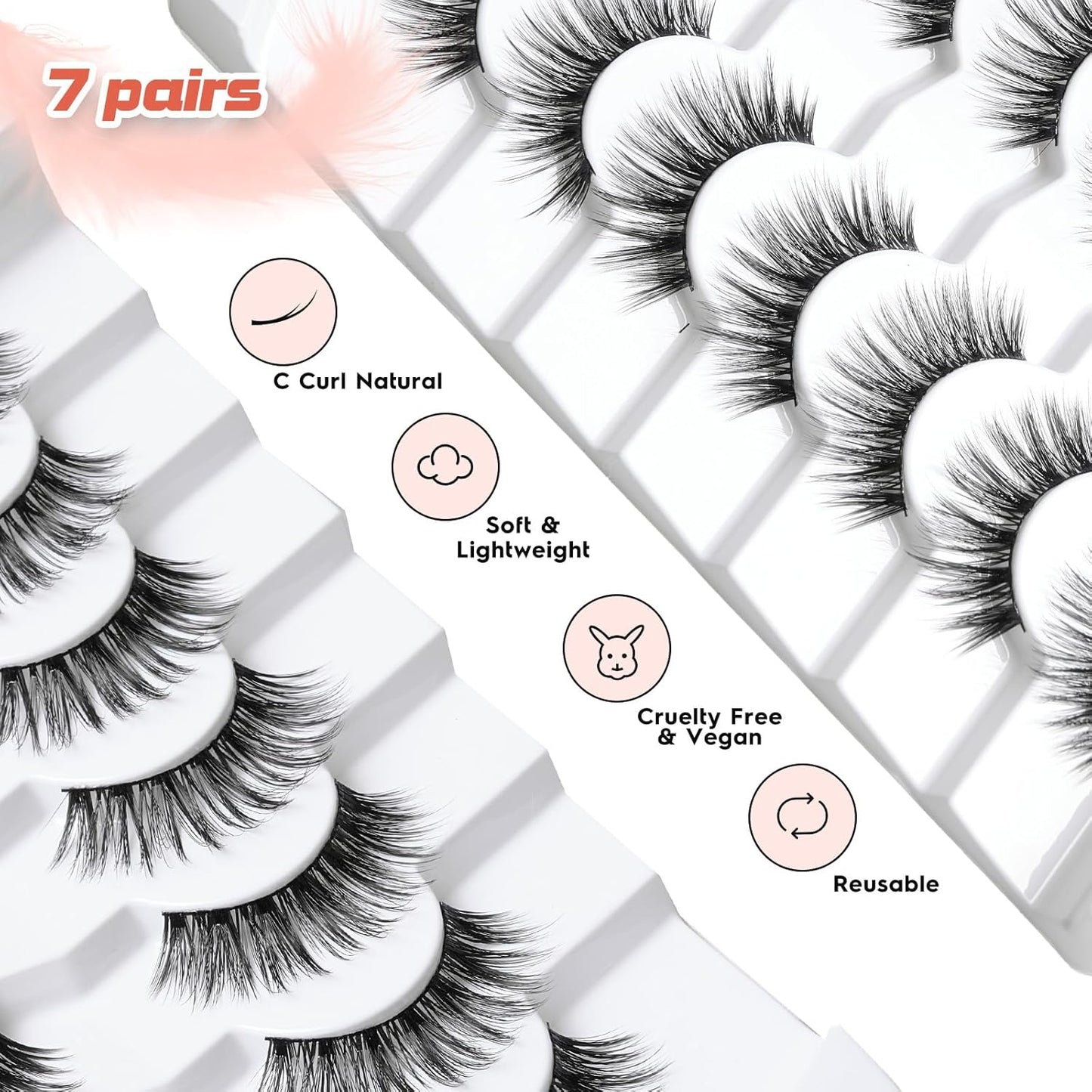 Lashes Wispy False Eyelashes Natural Volume Fluffy Lashes 12MM Strip Eyelashes with Thin Band C Curl Eyelashes False Eye Lashes Pack 7 Pair Siligli