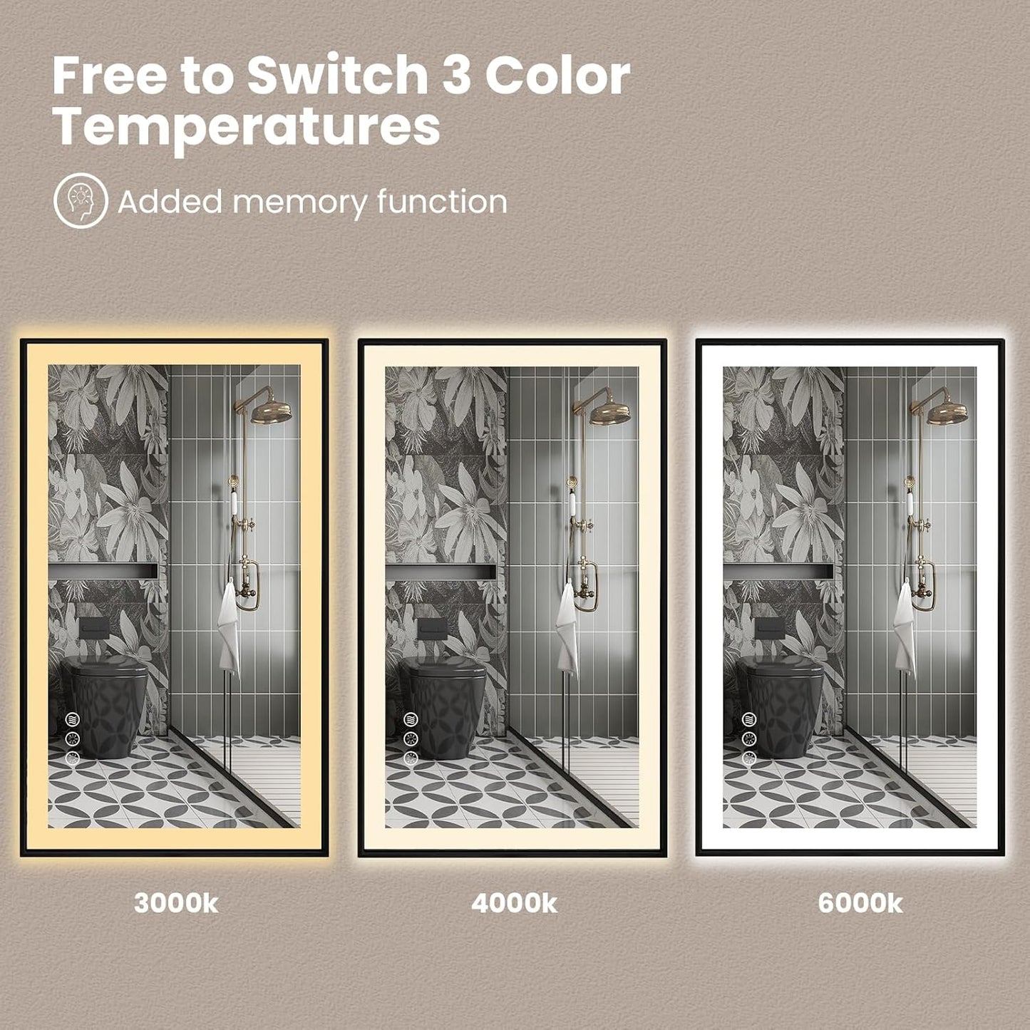 Amorho 72"x 32" LED Bathroom Mirror with Black Frame, Front Light and Backlit(Controlled Separately), Stepless Dimmable, Anti-Fog, Shatter-Proof, 3 Colors, Memory