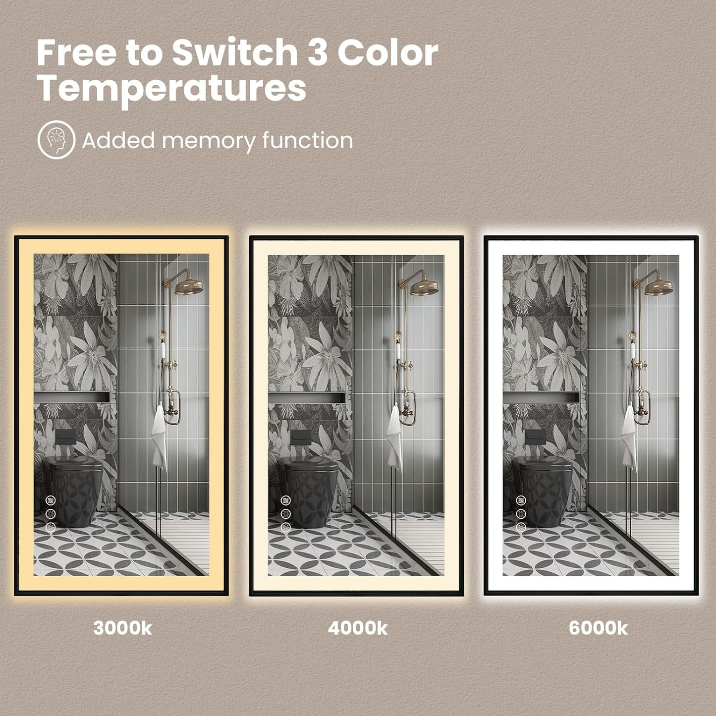 Amorho 24"x 36" LED Bathroom Mirror with Black Frame, Front Light and Backlit(Controlled Separately), Stepless Dimmable, Anti-Fog, Shatter-Proof, 3 Colors, Memory