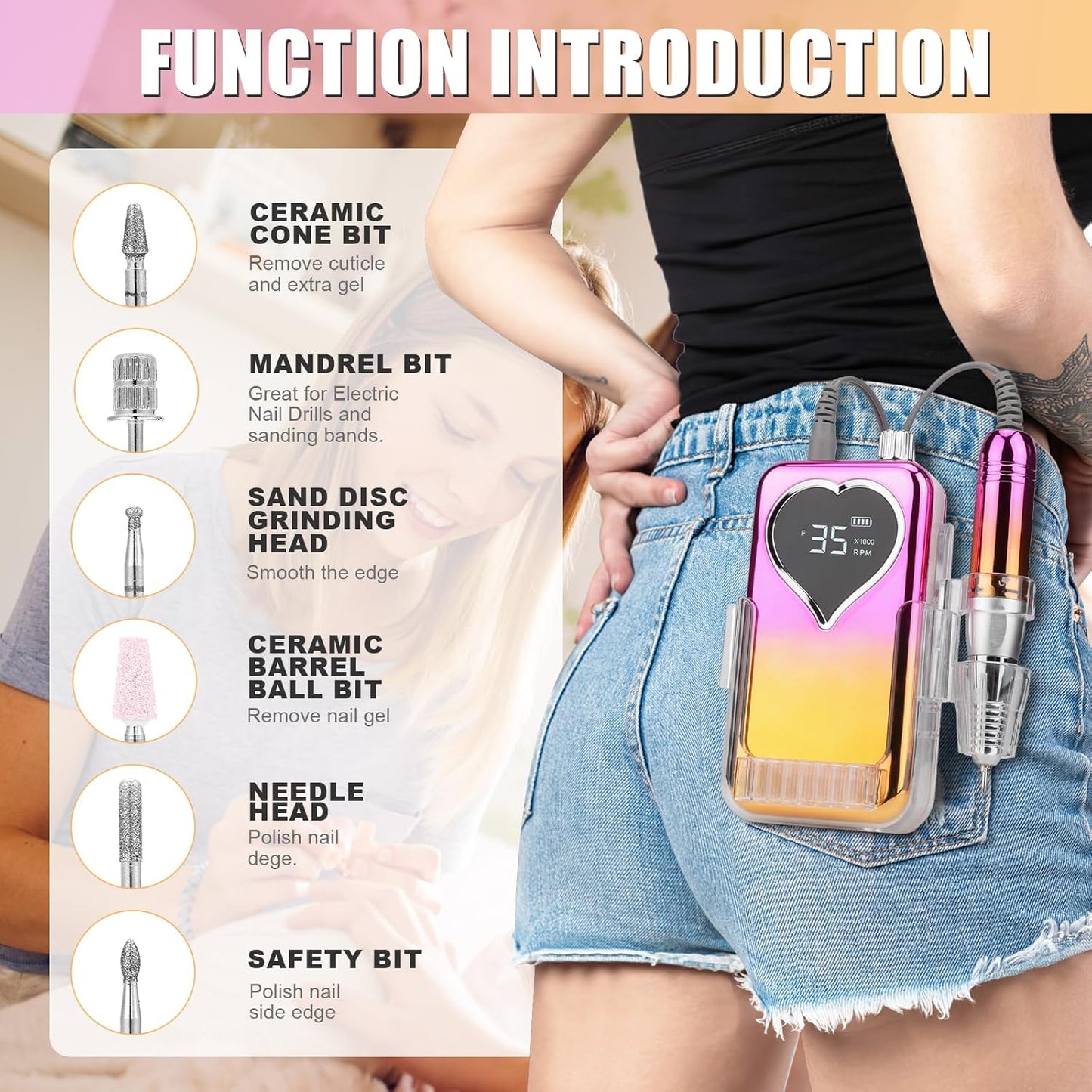 Professional Electric Nail Drill Machine for Acrylic Nails, 35000 RPM Electric Nail File Tool Set, Portable E-File Rechargeable Manicure Pedicure Polish Kit for Home Salon Tech (Heart Sunset Gold)