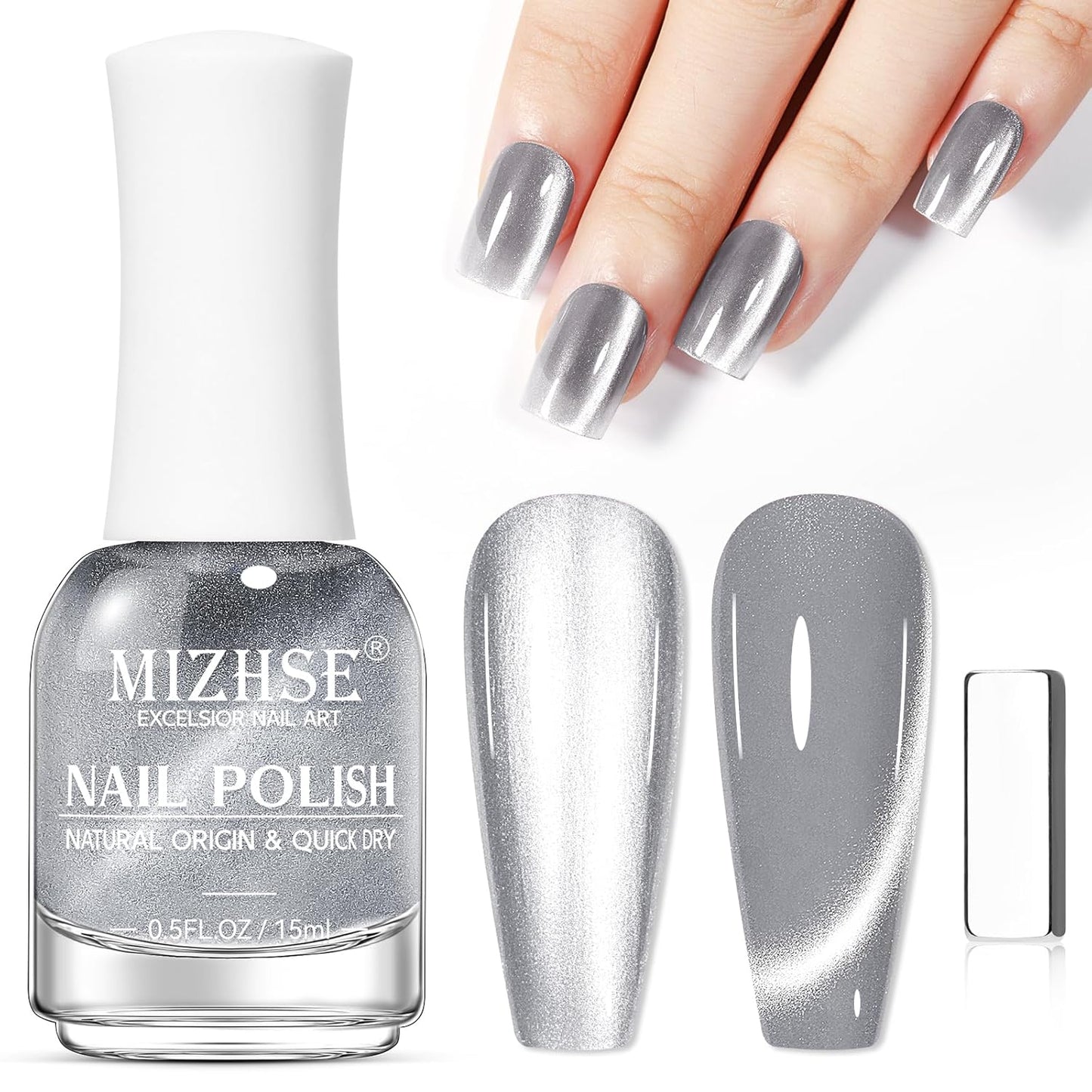 MIZHSE Quick Dry Cat Eye Nail Polish, Sliver Magnetic Nail Polish with Magnet, Air Drying Fast Nail Lacquer 15ml Cateye Effect for Women Girl Non-Gel Nail Art Manicure DIY Home