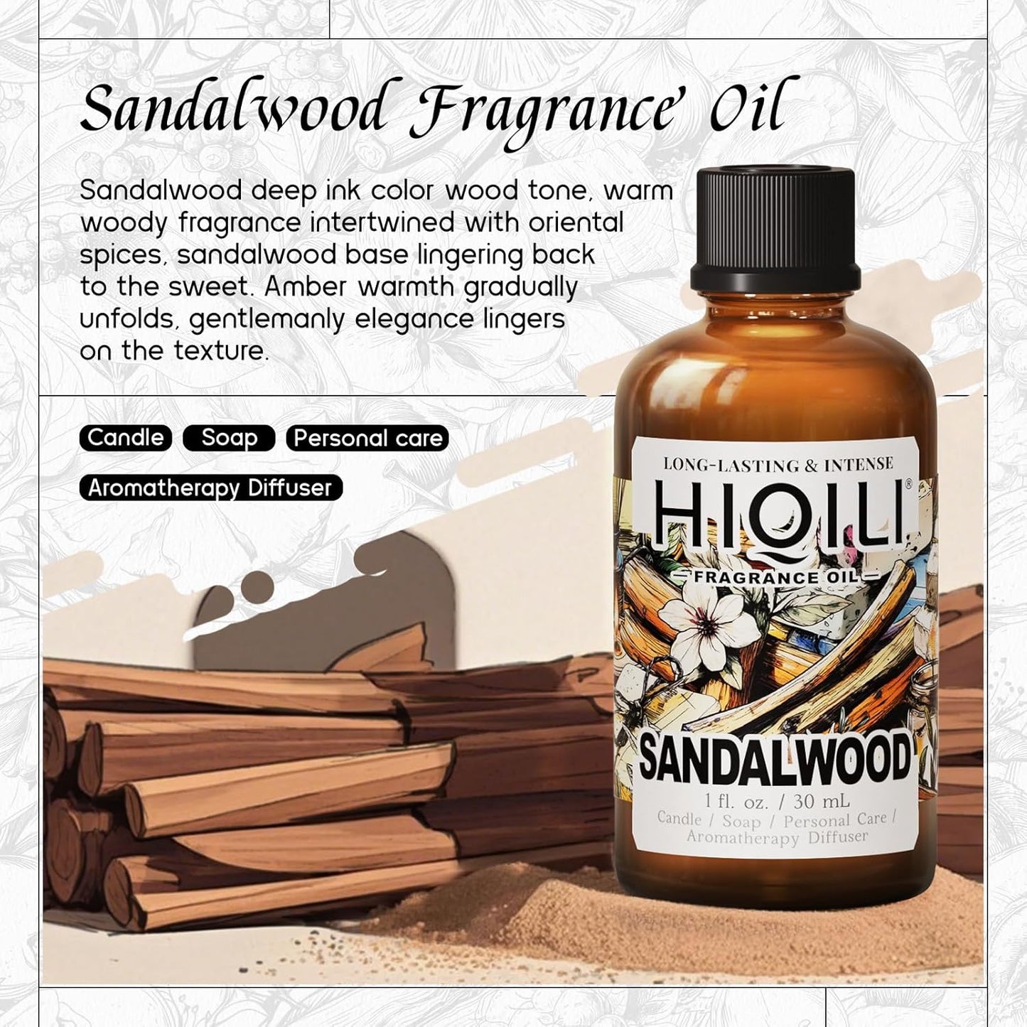 HIQILI Sandalwood Fragrance Oil for Home Diffuser, Luxury Hotel Scent, Perfect for DIY Candle & Soap Making, Add to Body Lotion - 1 Fl Oz