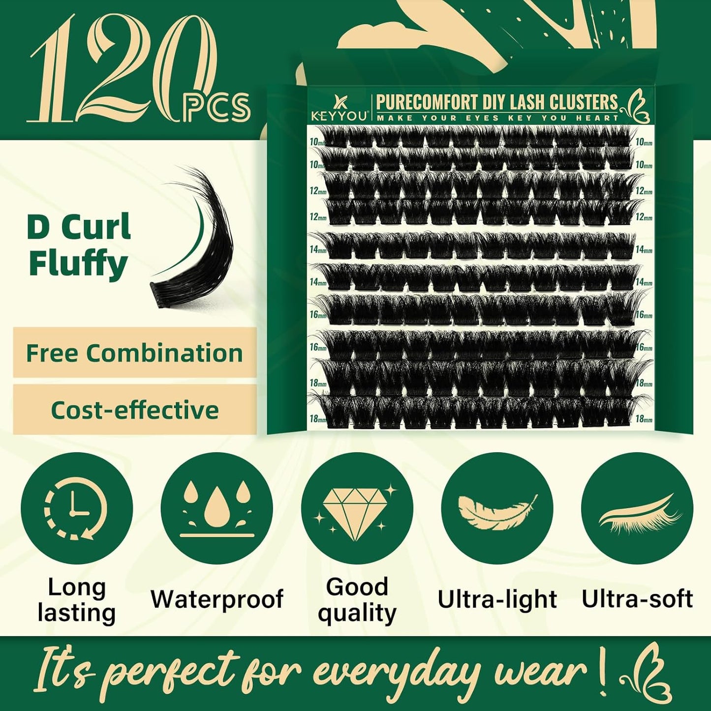 KEYYOU Lash Clusters 120pcs Eyelash Clusters 10-18mix D Curl Cluster Lashes Thick Super Soft Wispy DIY Eyelash Extension at Home(PC03-D-10-18MIX)