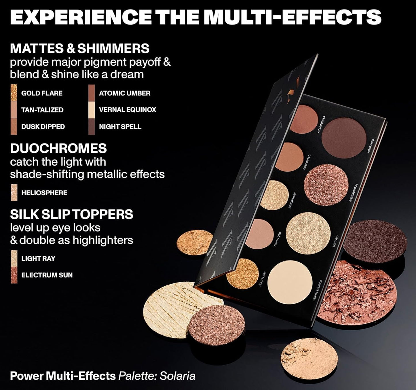 Morphe Makeup Palette - Power Multi-Effects Palette with Mattes, Shimmers, Duochromes & Silk Slip Toppers - Made to Build, Blend & Layer for Everyday Versatile Makeup Looks - Solaria (0.65 oz)