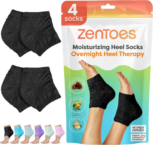 ZenToes Moisturizing Socks for Cracked Heel Treatment - Vitamin E, Olive Oil and Jojoba Oil Infused Heel Socks to Soften and Hydrate (Fuzzy Black, Wide Width)