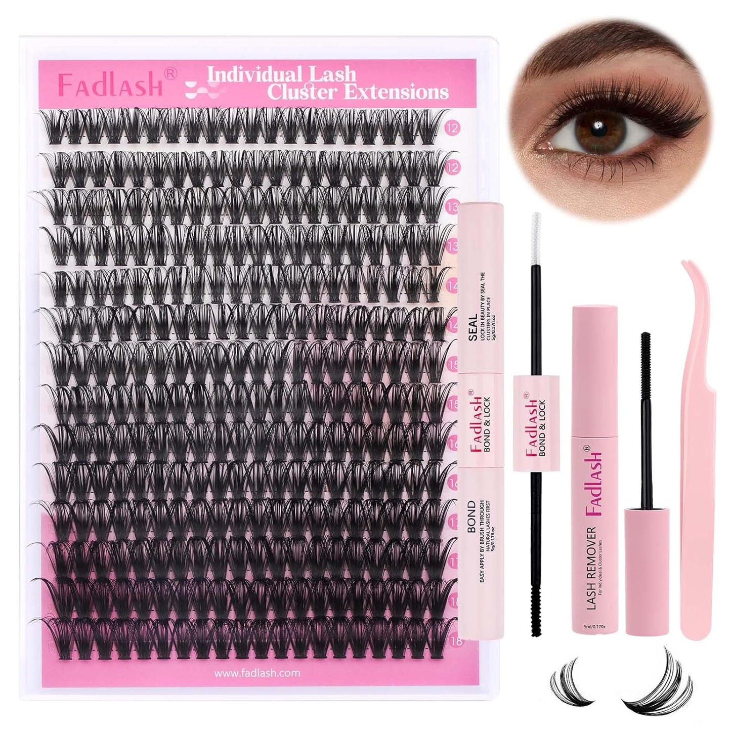 FADLASH Lash Extension DIY Kit Lash Clusters D Curl Cluster Lashes with Lash Bond and Seal Cluster Lashes Glue Remover Lash Tweezers for DIY Eyelash Extension at Home（Kit 50D-0.07D-12-18MIX）, black