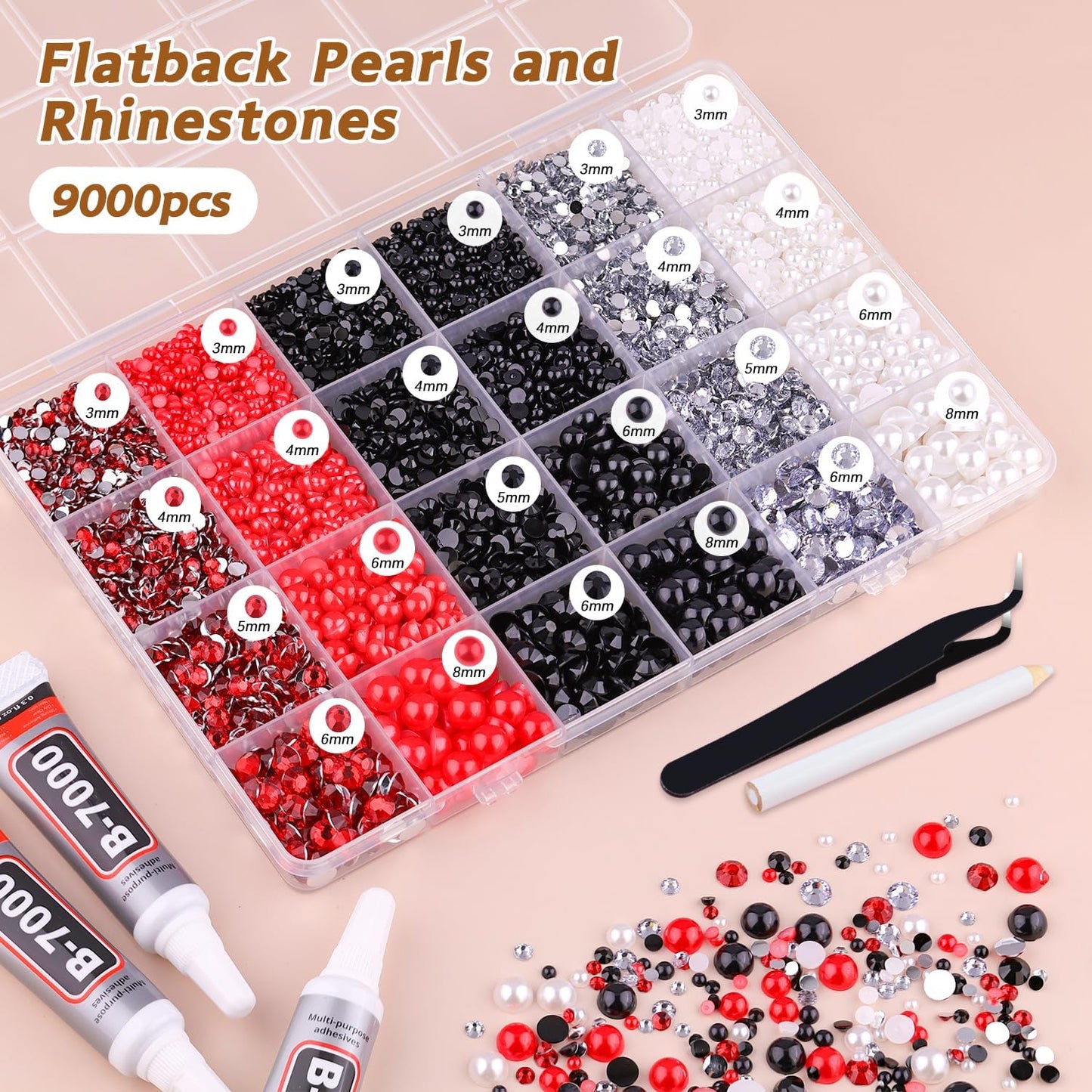9000PCS Flatback Pearls and Rhinestones for Crafting, Red White Black 3-10mm Resin Rhinestones and Half Pearls for Bedazzling, Nail Art and Dec with 3pcs B7000 Jewelry Glue, Tweezer and Pickup Pencil