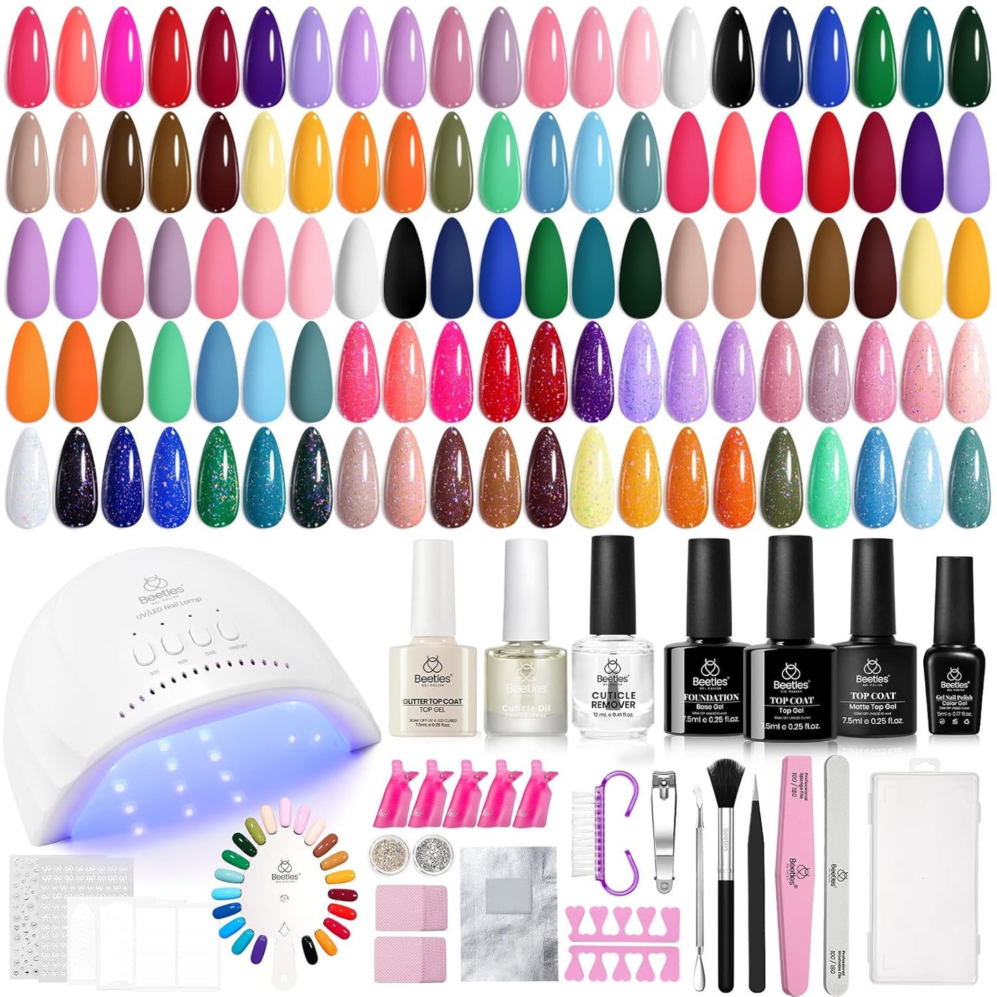 Beetles 69 Pcs Gel Nail Polish Kit with U V Light - 35 Colors Gel Polish Nail Kit with with Base & Glossy Top Coat Soak Off DIY Salon Beginner-friendly Manicure Nails Stuff Gifts for Women Teens Girls