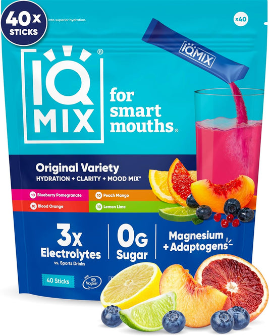 IQMIX Hydration Electrolyte Powder – 4-in-1 Formula for Hydration, Mental Clarity, Mood and Recovery – Sugar-Free Drink Mix, Keto, Magnesium L-Threonate, Lion’s Mane – 40 Count Variety Pack