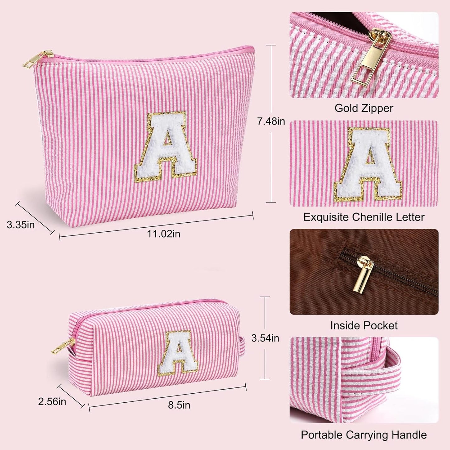 YOOLIFE Personalized Birthday Gifts for Women Teacher, Initial Cute Pink Cosmetic Makeup Bag Pouch Case Travel Toiletry Make Up Bag for Women Friends Female Friendship Girlfriend Wife Gifts Idea D