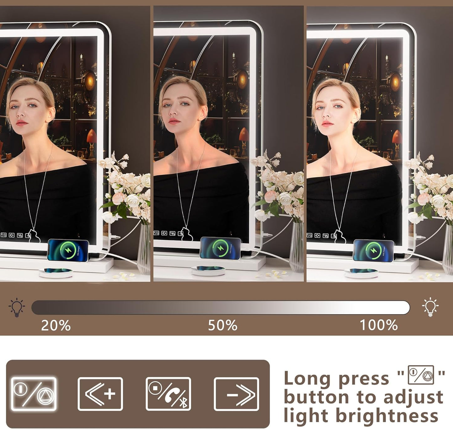 Hasipu Vanity Mirror with Lights and Bluetooth Speaker, 32" x 21.7" LED Makeup Mirror, Lighted Makeup Mirror with Dimmable 3 Modes, USB Charging Port, Round White