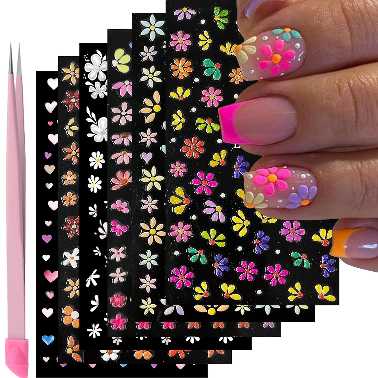 Flower Nail Art Stickers Decals 5D Embossed Nail Decals Spring Summer Nails Design Self-Adhesive Supplies Accessories 3D Flower for Women Nails DIY Decoration(6 Sheets)