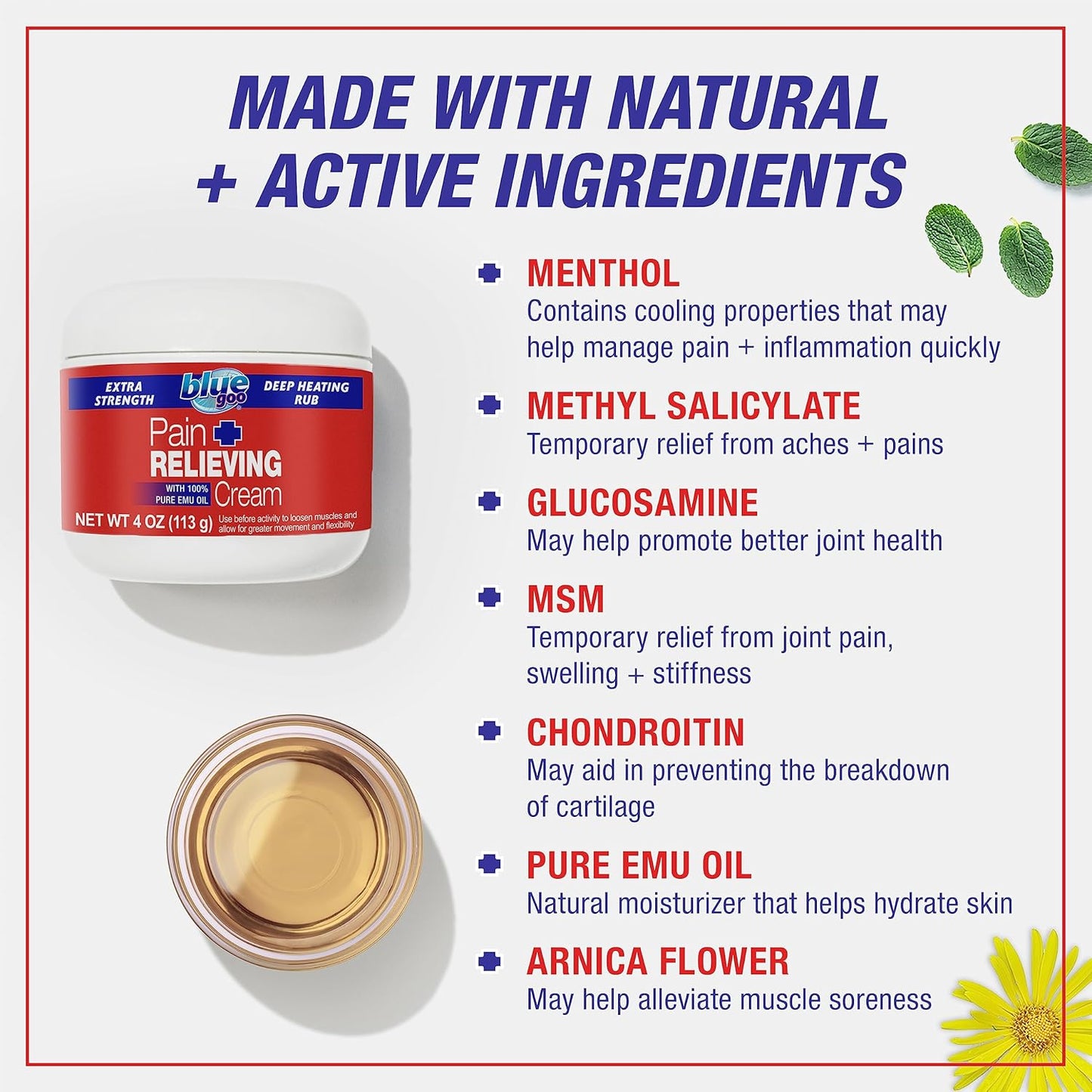 Blue Goo Pain Relieving Cream – FSA & HSA Eligible, for Back/Neck Pain, Sports-Related Muscle/Joint Pain, Sprains, Strains, Maximum Strength, Deep Heating Rub, Made w/ 100% Pure Emu Oil, 4 oz (2 Pack)