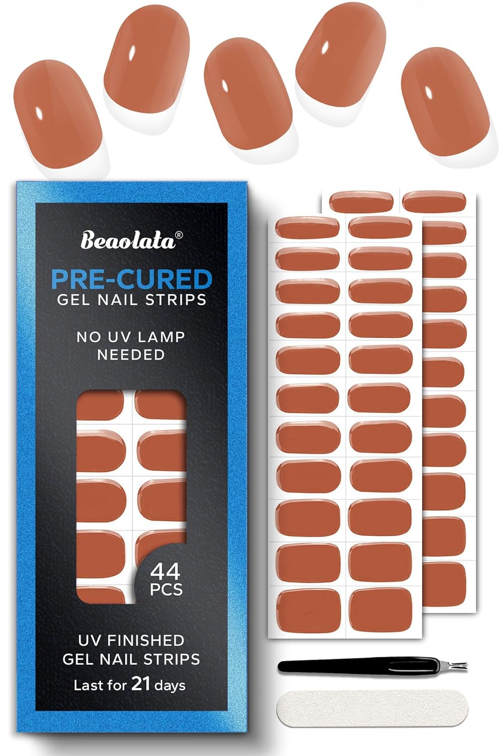 Pre Cured Gel Nail Strips - 44PCS Salon Quality Gel Nail Stickers - Long Lasting Polish Wraps for Women no UV Light Needed Easy Apply& Remove (Walnut Brown)