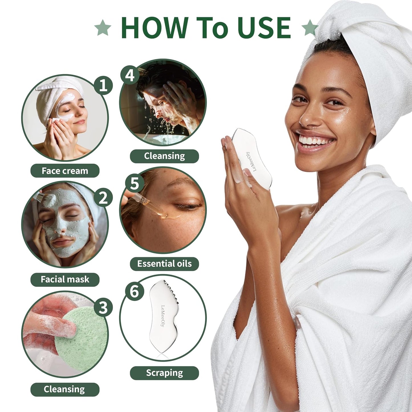 Gua Sha Facial Tools Stainless Steel & Compressed Facial Sponges, Detail Metal GuaSha and Natural Spa Sponges for Facial Cleansing Skin Care，Guasha Stone Face Sculpting Tool for Tighten Skin Daliy Use