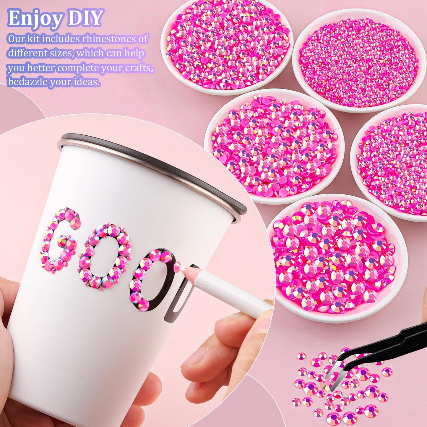 25000Pcs Resin Jelly Rhinestones with Tweezers for Crafting, Hot Pink AB 2-6mm Mixed Sizes Non Hotfix Flatback Gems, Bedazzling Crystal for DIY Crafts Clothing Tumblers Mugs Shoes Decor Nail Art
